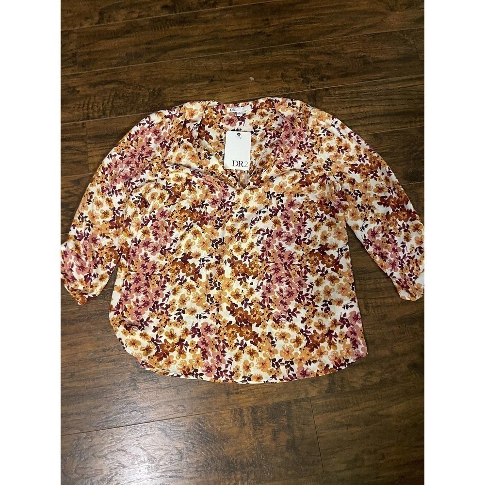 Dr2 Womens Casual Career Top Blouse Sz S Floral Print Dusty Orange